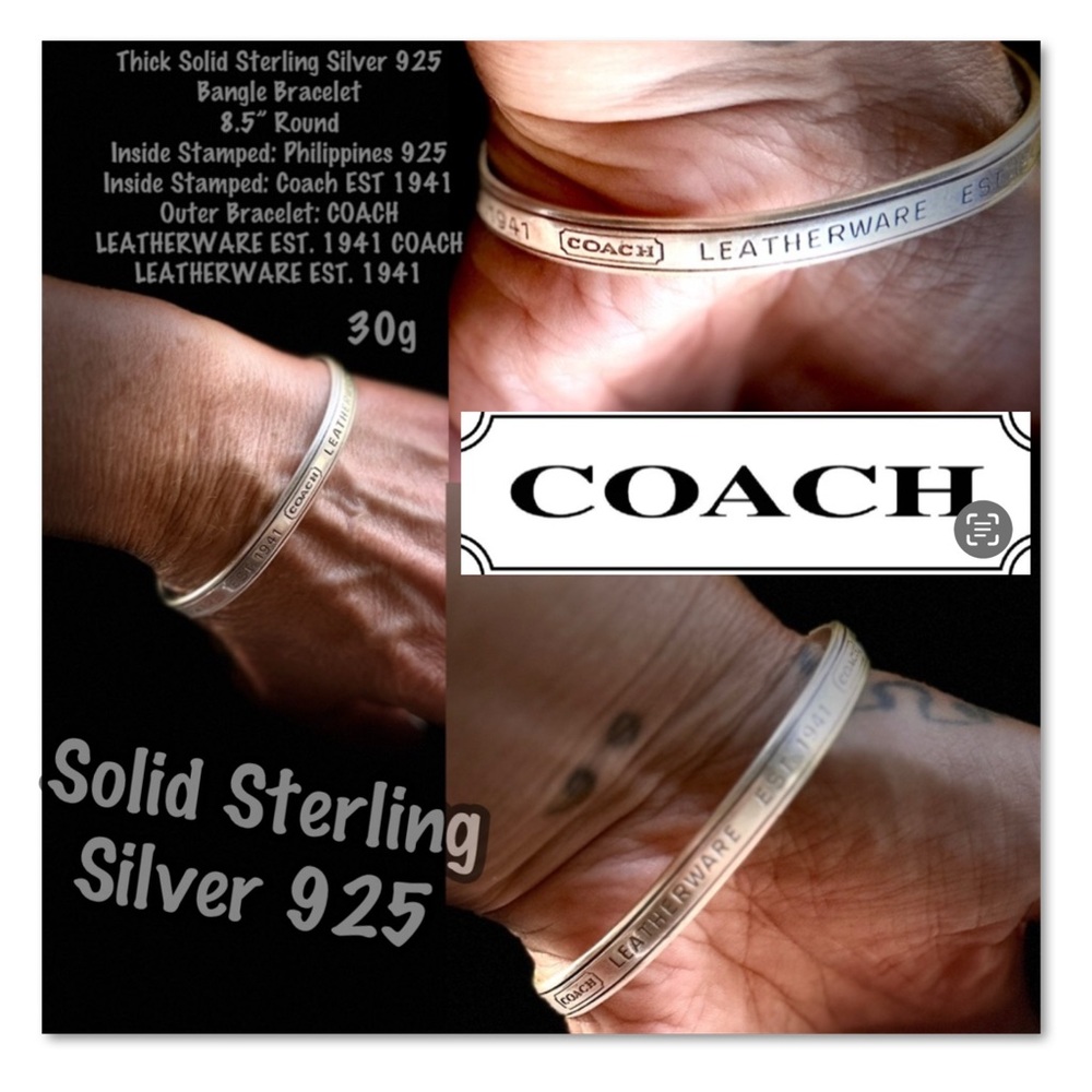 Coach Silver 925 Engraved Bangle Bracelet 8.5” 30g EUC